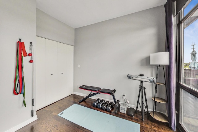 exercise room with healthy amount of natural light, wood finished floors, and baseboards