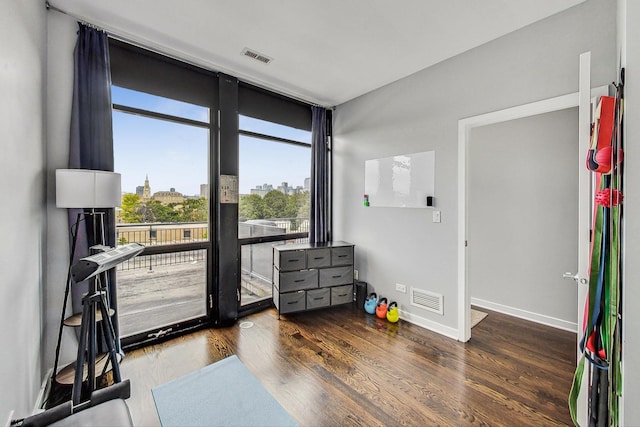 bedroom featuring expansive windows, a city view, wood finished floors, baseboards, and access to exterior