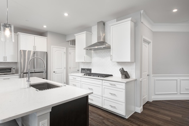 2234 Weatherbee Ln, Naperville, IL 60563 - kitchen featuring wall chimney range hood, appliances with stainless steel finishes, backsplash, white cabinetry, and recessed lighting