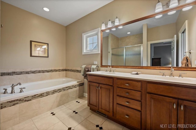1123 Redbud Ln, Sugar Grove, IL 60554 - full bath with tile patterned flooring, a garden tub, a shower stall, and double vanity