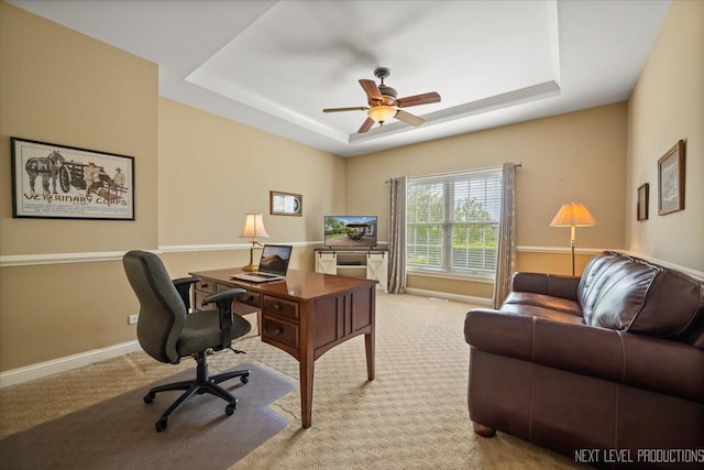 1123 Redbud Ln, Sugar Grove, IL 60554 - carpeted office with a tray ceiling, ceiling fan, and baseboards