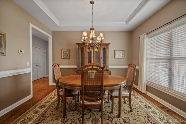1123 Redbud Ln, Sugar Grove, IL 60554 - dining area with a chandelier, wood finished floors, a tray ceiling, and baseboards
