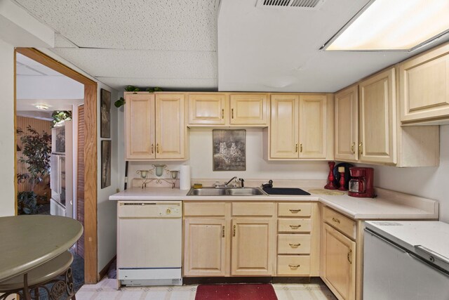 21220 Silktree Cir, Plainfield, IL 60544 - kitchen with white dishwasher, light brown cabinetry, a sink, light countertops, and a drop ceiling