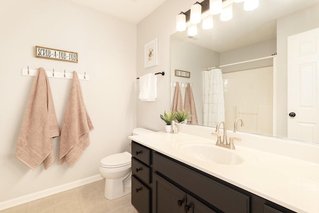bathroom featuring toilet, vanity, baseboards, curtained shower, and tile patterned flooring