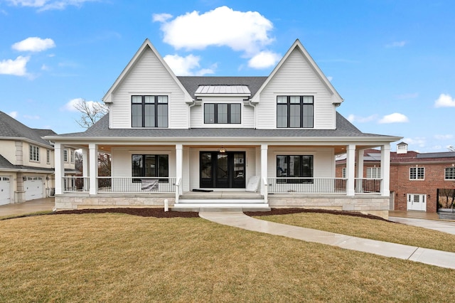 425 40th St, Downers Grove, IL 60515 - modern farmhouse style home with covered porch, a shingled roof, and a front yard