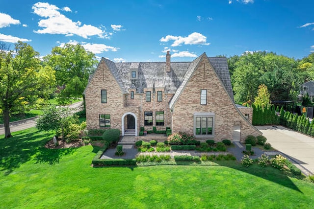 31 Concord Dr, Oak Brook, IL 60523 - tudor-style house featuring a chimney, a front lawn, and stone siding