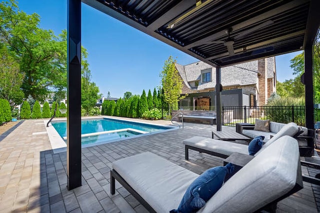 31 Concord Dr, Oak Brook, IL 60523 - view of swimming pool featuring an in-ground hot tub, ceiling fan, a patio area, fence, and an outdoor living space