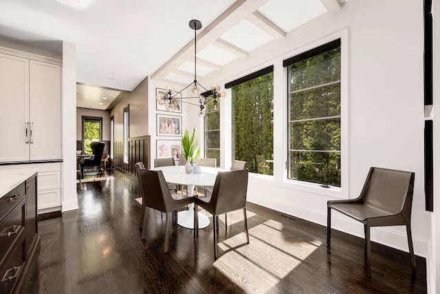 31 Concord Dr, Oak Brook, IL 60523 - dining area featuring a chandelier, dark wood-style flooring, and beamed ceiling