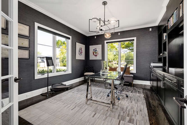 31 Concord Dr, Oak Brook, IL 60523 - office with baseboards, dark wood-style flooring, a chandelier, and ornamental molding