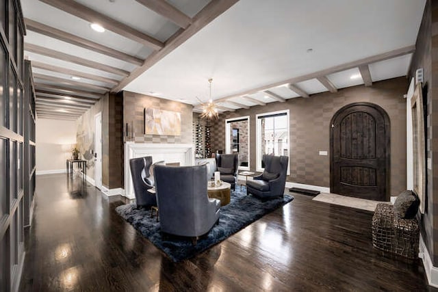 31 Concord Dr, Oak Brook, IL 60523 - living area featuring a fireplace, baseboards, dark wood finished floors, beamed ceiling, and recessed lighting
