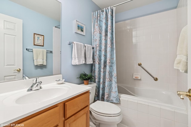 full bathroom with shower / bath combo, toilet, and vanity