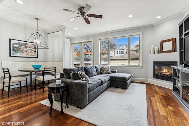 4845 N Bell Ave, Chicago, IL 60625 - living area with ornamental molding, dark wood-style floors, a chandelier, recessed lighting, and a ceiling fan
