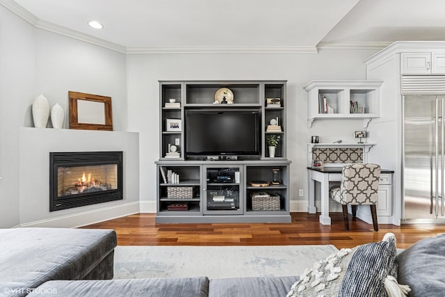 4845 N Bell Ave, Chicago, IL 60625 - living room with a glass covered fireplace, wood finished floors, crown molding, recessed lighting, and baseboards