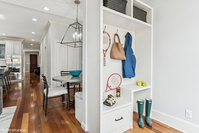 4845 N Bell Ave, Chicago, IL 60625 - mudroom with a chandelier, dark wood finished floors, recessed lighting, baseboards, and crown molding