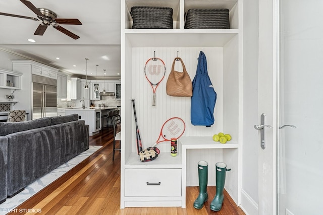 4845 N Bell Ave, Chicago, IL 60625 - mudroom with light wood-style floors, a ceiling fan, a sink, and recessed lighting
