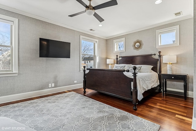 4845 N Bell Ave, Chicago, IL 60625 - bedroom featuring crown molding, wood finished floors, multiple windows, baseboards, and a ceiling fan