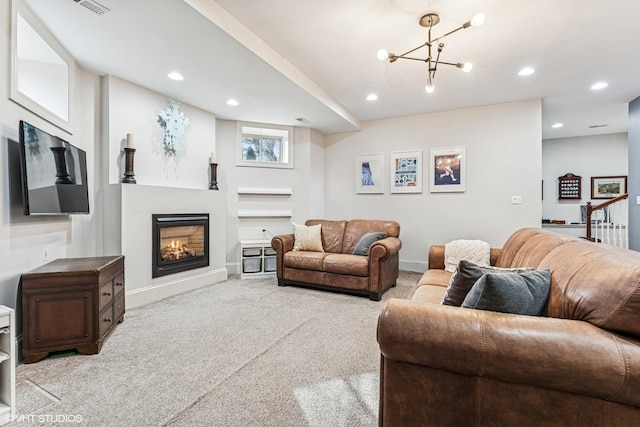 4845 N Bell Ave, Chicago, IL 60625 - carpeted living area featuring recessed lighting, a lit fireplace, a chandelier, and baseboards