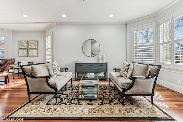 4845 N Bell Ave, Chicago, IL 60625 - living room featuring ornamental molding, wood finished floors, baseboards, and recessed lighting