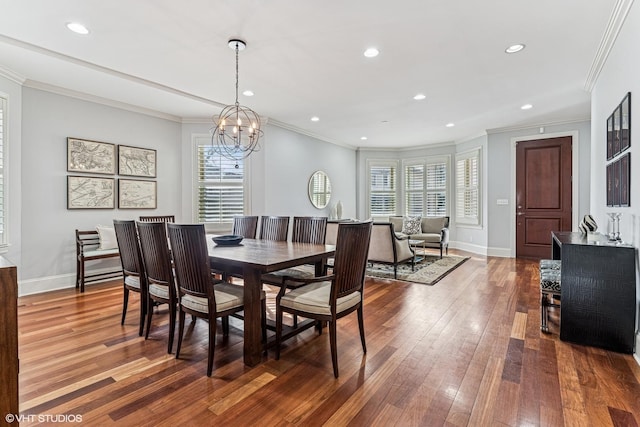 4845 N Bell Ave, Chicago, IL 60625 - dining area featuring wood-type flooring, a chandelier, recessed lighting, ornamental molding, and baseboards