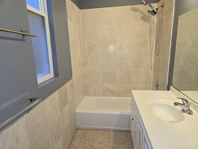 948 N California Ave, Chicago, IL 60622 - bathroom featuring vanity, bathtub / shower combination, and tile walls