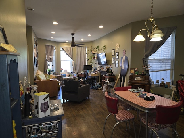 948 N California Ave, Chicago, IL 60622 - dining area with wood finished floors, recessed lighting, a chandelier, and a ceiling fan
