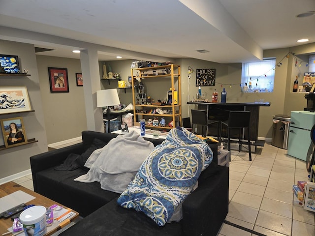 948 N California Ave, Chicago, IL 60622 - tiled living room featuring a dry bar, recessed lighting, and baseboards