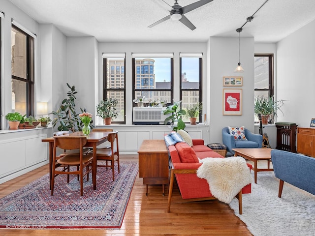 600 S Dearborn St Unit 302, Chicago, IL 60605 - living area with light wood-type flooring, ceiling fan, a textured ceiling, and a city view