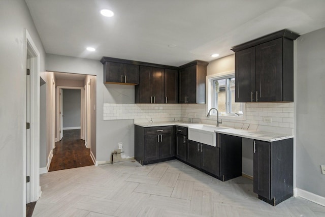 15123 Wabash Ave, South Holland, IL 60473 - kitchen featuring a sink, tasteful backsplash, baseboards, recessed lighting, and dark brown cabinetry