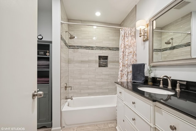 713 Sylviawood Ave, Park Ridge, IL 60068 - full bathroom with shower / bath combo with shower curtain, vanity, tile patterned flooring, and recessed lighting
