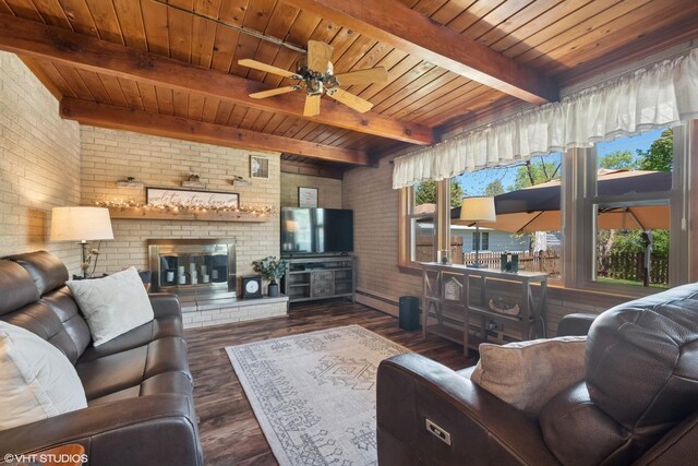 713 Sylviawood Ave, Park Ridge, IL 60068 - living room featuring brick wall, wooden ceiling, baseboard heating, ceiling fan, and wood finished floors