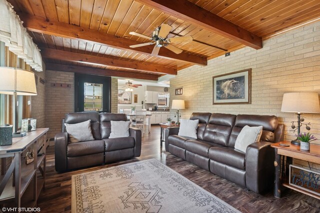 713 Sylviawood Ave, Park Ridge, IL 60068 - living area featuring brick wall, wood ceiling, a ceiling fan, dark wood-style flooring, and beamed ceiling