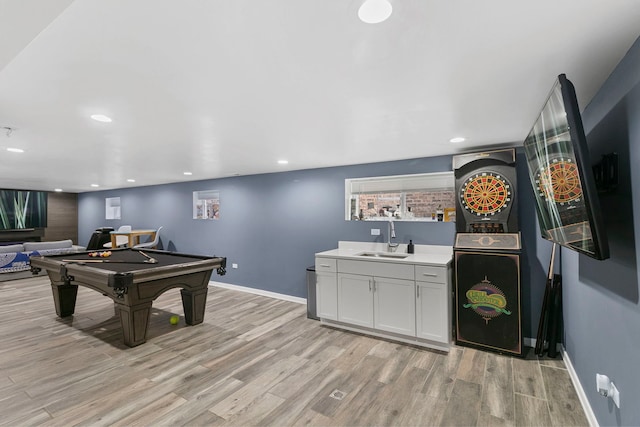 3305 W 66th St, Chicago, IL 60629 - rec room with a sink, billiards, light wood-type flooring, recessed lighting, and baseboards