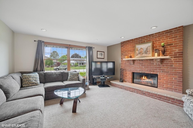 18321 Country Ln, Lansing, IL 60438 - living room with carpet flooring, a brick fireplace, and recessed lighting