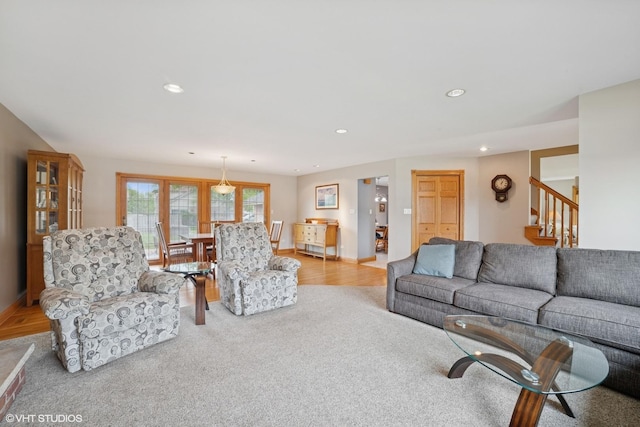 18321 Country Ln, Lansing, IL 60438 - living room featuring stairway, recessed lighting, light wood finished floors, and baseboards