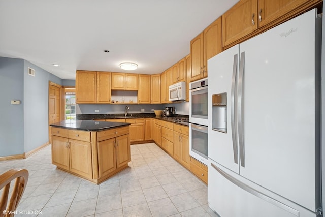18321 Country Ln, Lansing, IL 60438 - kitchen featuring white appliances, a sink, light tile patterned floors, a center island, and recessed lighting