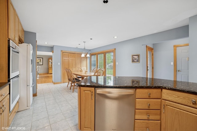 18321 Country Ln, Lansing, IL 60438 - kitchen with white appliances, light tile patterned flooring, pendant lighting, recessed lighting, and baseboards