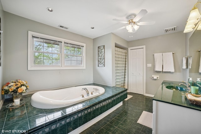 18321 Country Ln, Lansing, IL 60438 - bathroom featuring vanity, a garden tub, ceiling fan, tile patterned floors, and baseboards