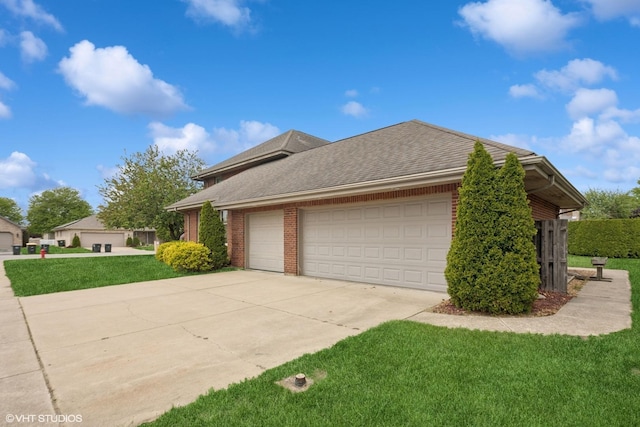 18321 Country Ln, Lansing, IL 60438 - view of property exterior featuring driveway, an attached garage, a yard, brick siding, and a shingled roof