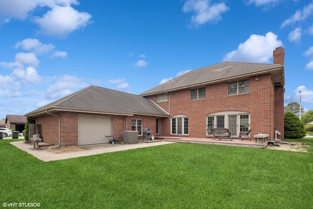 18321 Country Ln, Lansing, IL 60438 - rear view of property featuring a chimney, a garage, a yard, brick siding, and central AC unit