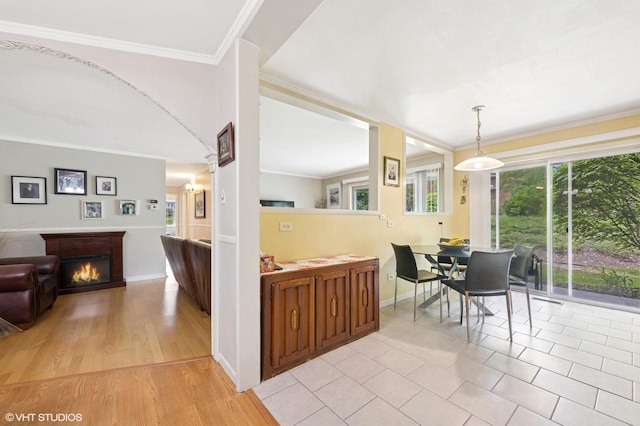 dining area featuring a warm lit fireplace, ornamental molding, baseboards, and light wood-style floors