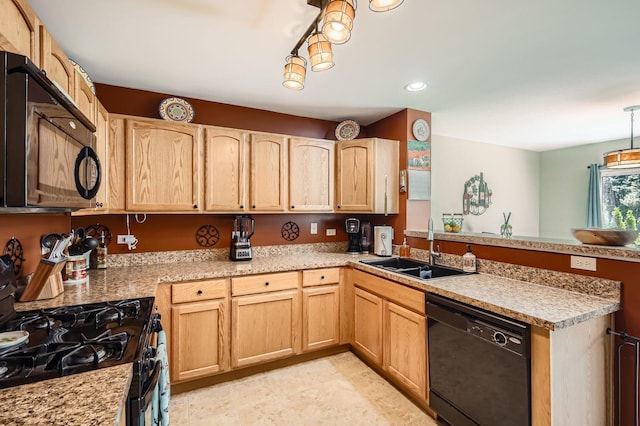 614 Grand Canyon Cir, Crystal Lake, IL 60014 - kitchen with black appliances, a sink, a peninsula, light brown cabinets, and recessed lighting