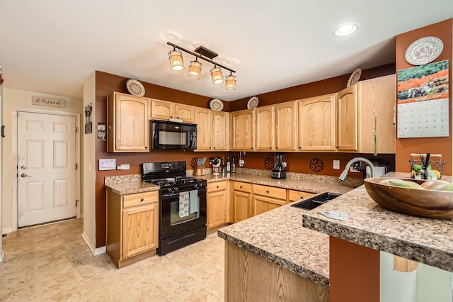 614 Grand Canyon Cir, Crystal Lake, IL 60014 - kitchen with black appliances, a sink, light brown cabinets, light countertops, and recessed lighting