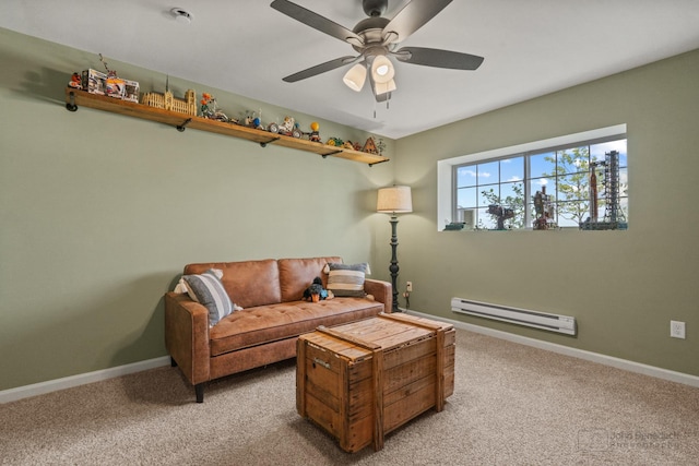 824 Briar Glen Ct, Hampshire, IL 60140 - living room featuring baseboard heating, light carpet, a ceiling fan, and baseboards