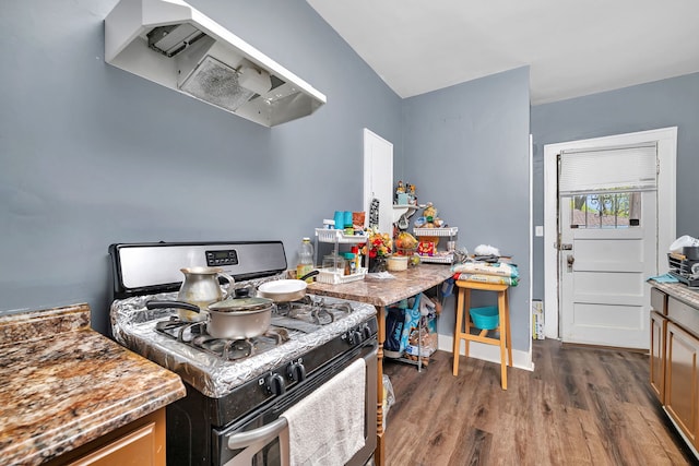 103 Grandview Ave, Lockport, IL 60441 - kitchen featuring gas range oven, ventilation hood, wood finished floors, and baseboards
