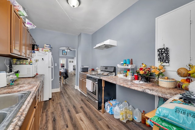 103 Grandview Ave, Lockport, IL 60441 - kitchen with white appliances, under cabinet range hood, dark wood finished floors, and brown cabinetry