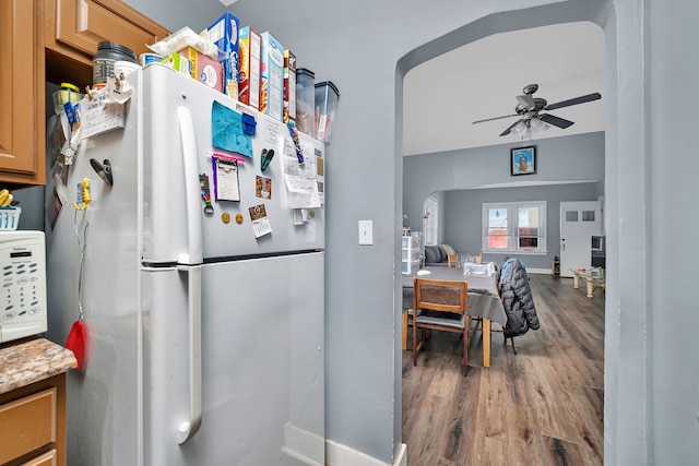 103 Grandview Ave, Lockport, IL 60441 - kitchen featuring white appliances, wood finished floors, ceiling fan, baseboards, and open floor plan