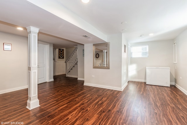 1080 E Prairie Ave, Des Plaines, IL 60016 - below grade area featuring fridge, dark wood finished floors, stairs, baseboards, and recessed lighting