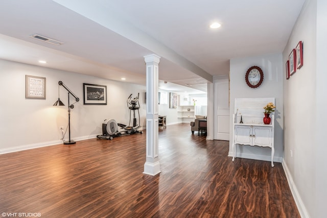 1080 E Prairie Ave, Des Plaines, IL 60016 - workout room with ornate columns, dark wood-type flooring, baseboards, and recessed lighting