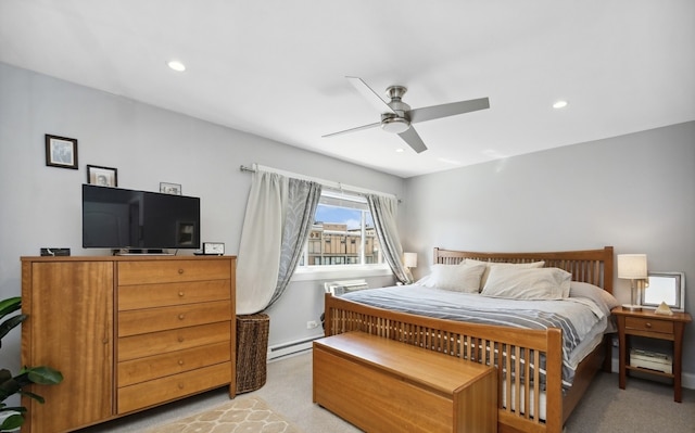 bedroom featuring light carpet, recessed lighting, a baseboard radiator, and a ceiling fan