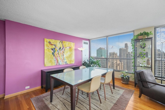 405 N Wabash Ave Unit 4709, Chicago, IL 60611 - dining area featuring a skyline view, wood finished floors, a textured ceiling, and baseboards